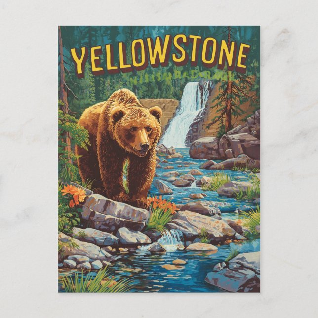 Retro Yellowstone - Grizzlybär und Wassermann Postkarte (Vorderseite)