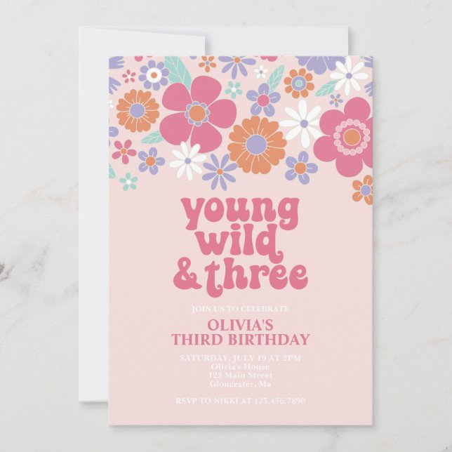 Retro Young Wild Three Pink Floral Einladung (Vorderseite)