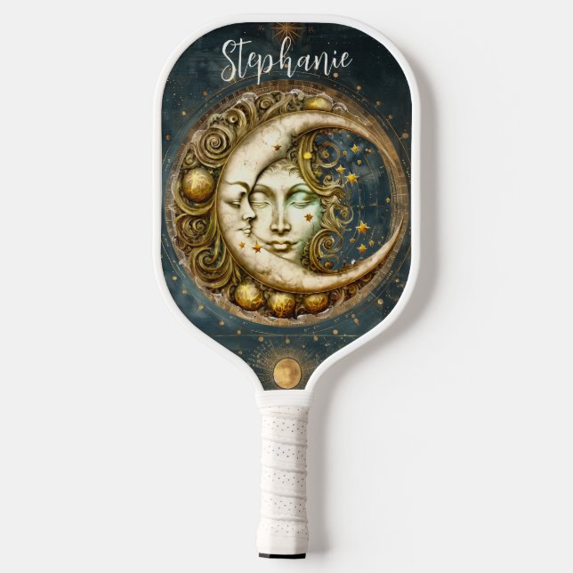Retro Zodiac Celestial Moon Monogram Pickleball Schläger (Rückseite)