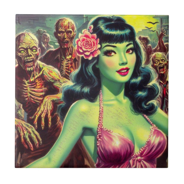 Retro Zombie Woman Fliese (Vorderseite)
