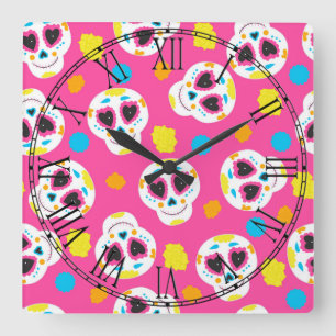 Retro Zuckerschädel Quadratische Wanduhr