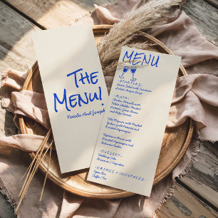 Retroblaue handgeschriebene Wein-Hochzeitsmenü Menükarte