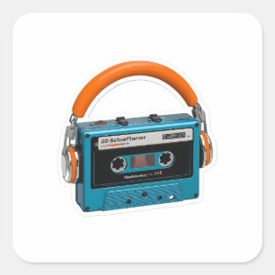 Retroblaue Kassette mit orangen Kopfhörern St Quadratischer Aufkleber