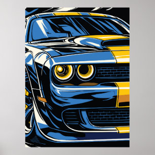 Retroblaues Muscle-Car-Front-Pop-Art-Illustration Poster