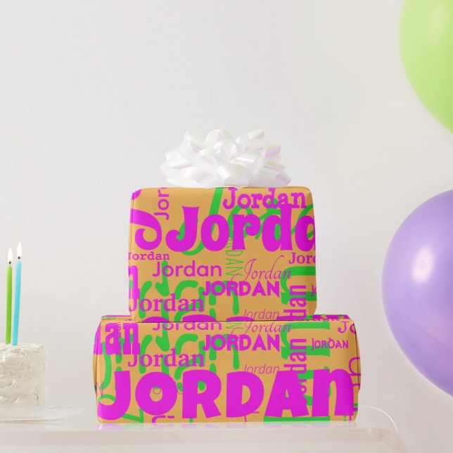 Retrofarben Wiederholungsname Orange Hot Pink Gree Geschenkpapier (Partygeschenke)