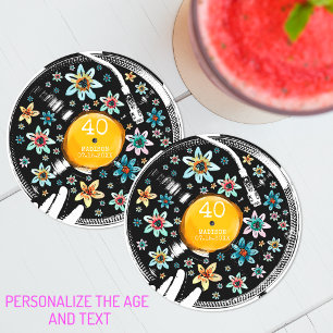 Retroflorale Vinyl Schallplattendesign Geburtstag  Runder Pappuntersetzer