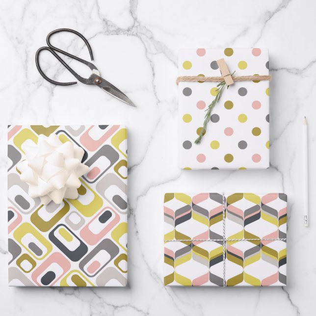 RetroMod Patterns Mustard Yellow Pink Grey Taupe  Geschenkpapier Set (Vorderseite)
