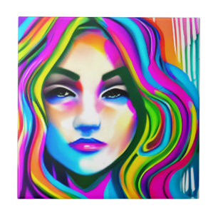 Retroporträt einer Frau mit Regenbogenhaar Fliese