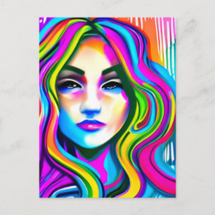 Retroporträt einer Frau mit Regenbogenhaar Postkarte