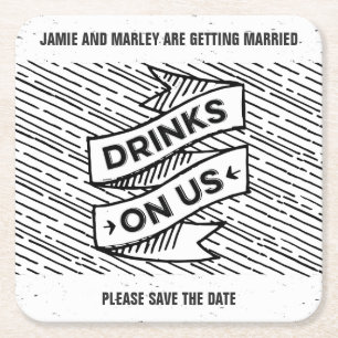 Retropress Drinks auf uns Save the Date Untersetze Rechteckiger Pappuntersetzer