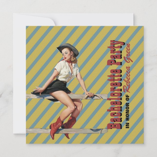 Retrostreifen Cowgirl Western Junggeselinnen-Absch Einladung (Vorderseite)