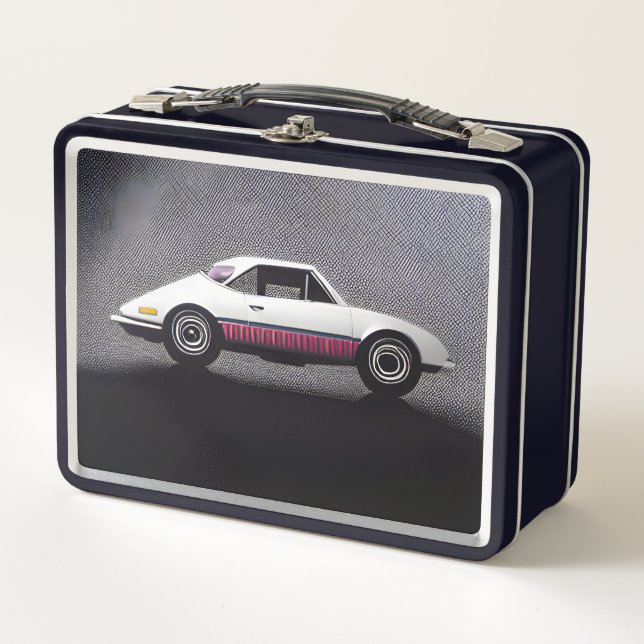 Retrowagen in Weiß und Rosa Metall Brotdose (Vorderseite)