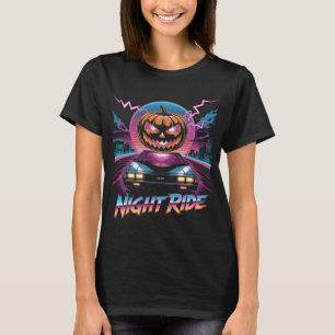 Retrowave Halloween Pumpkin Night Ride T - Shirt