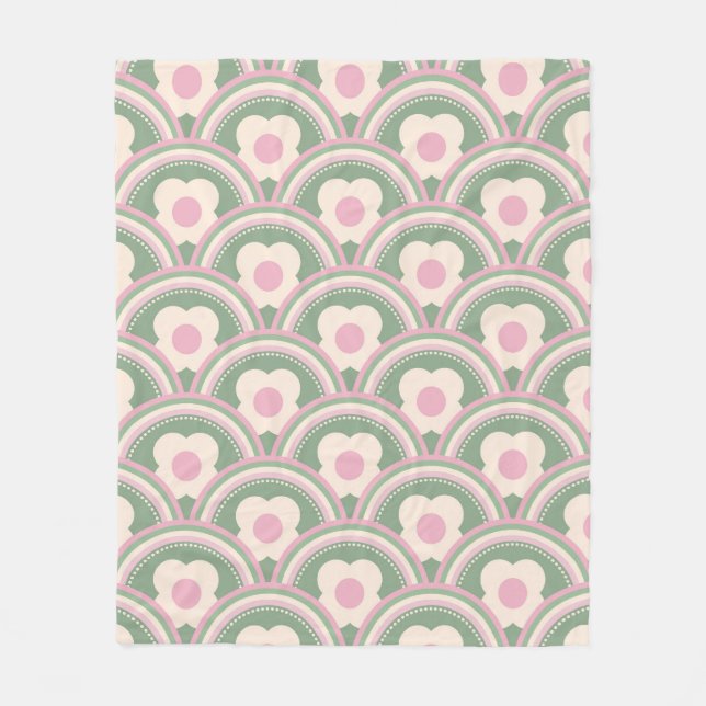 Retrowellen und Blume Rosa und Grün Fleecedecke (Vorderseite)