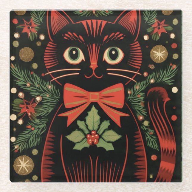 RetroXmasCat  Glasuntersetzer (Vorderseite)