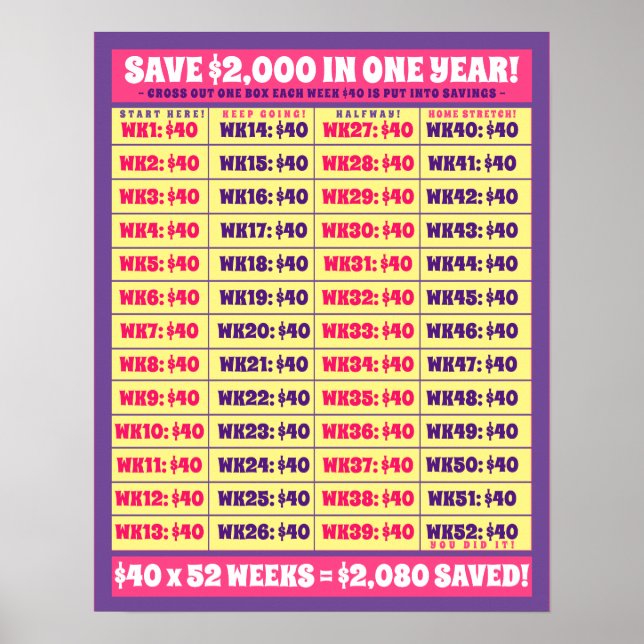 Rett $2.000 in einem Jahr! Geldziele rosa und Lila Poster (Vorne)