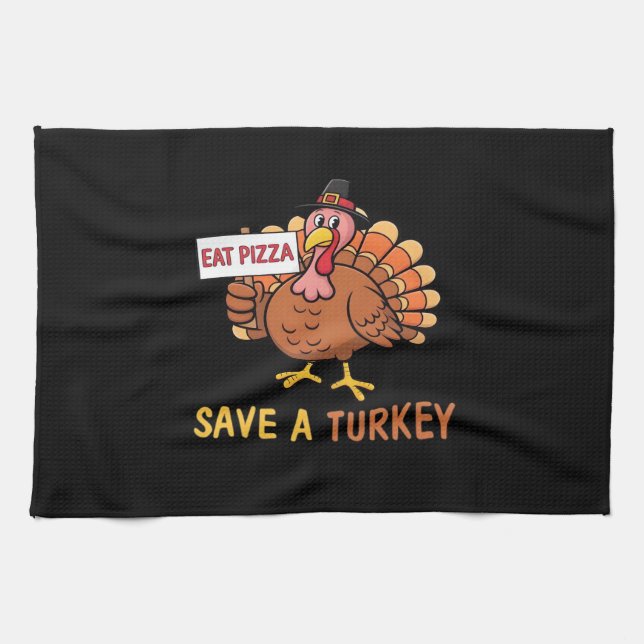 Rett A Turkey Eat Pizza Funny Erntedank Classic Geschirrtuch (Horizontal)
