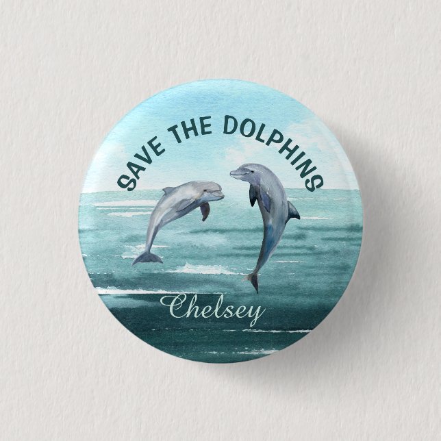 RETT DER DOLPHINEN Wasserfarbe Art, die Ihr Name v Button (Vorderseite)