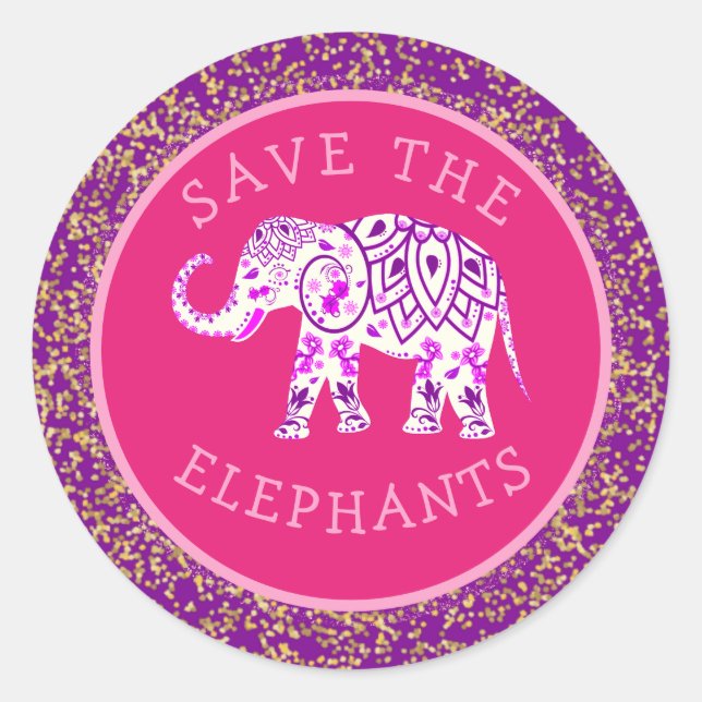 Rett der Elephants Boho Pink Paisley Gold Glitzer Runder Aufkleber (Vorderseite)