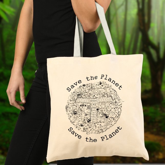 Rett Planet Erde gefährdete Tiere & Bäume Kunst Tragetasche (Save the planet animal earth line art tote bag)