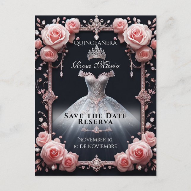 Rett/Reserva Spanisch Quinceañera Rosas Ankündigungspostkarte (Vorderseite)