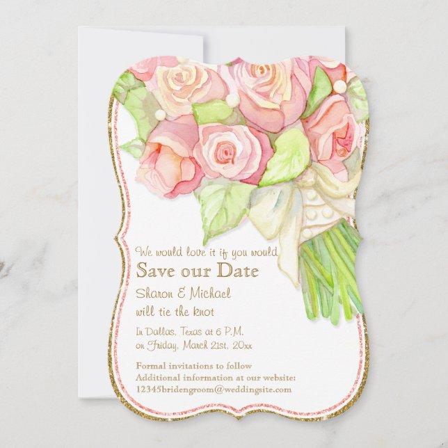 Rett unsere Date Wasserfarbe Rose Bouquet Perlen Save The Date (Vorderseite)