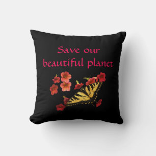 Rett unsere Planet Butterfly Blume Rotes Schwarzes Kissen