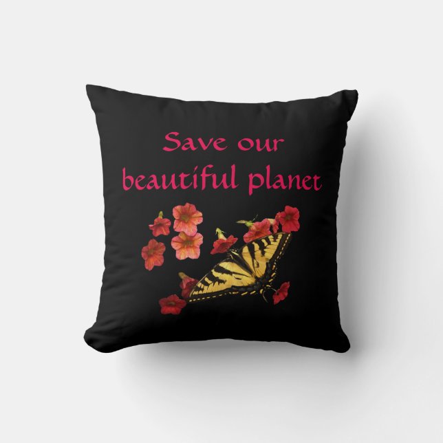 Rett unsere Planet Butterfly Blume Rotes Schwarzes Kissen (Vorderseite)