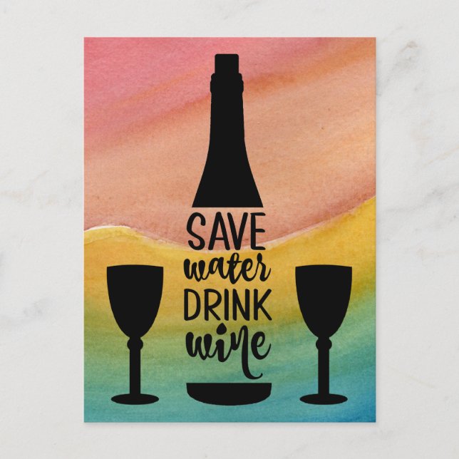 Rett Wasser trinken Wein Schwarze Flasche Zwei Glä Postkarte (Vorderseite)