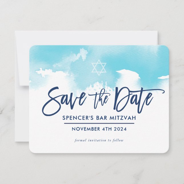 RETTE DAS DATUM MITZVAH moderne aqua blaue Wasserf Save The Date (Vorderseite)