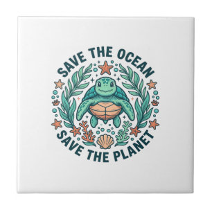 Rette die Ozean-Meeres-Schildkröte Vintage-Gravur- Fliese