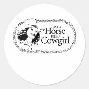 Rette ein Pferd! Reiten Sie ein Cowgirl. Runder Aufkleber
