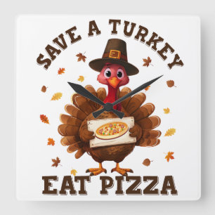 Rette einen Truthahn Iss Pizza – Lustige Thanksgiv Quadratische Wanduhr