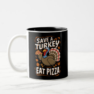 Rette einen Truthahn Iss Pizza Lustiges Erntedankf Zweifarbige Tasse
