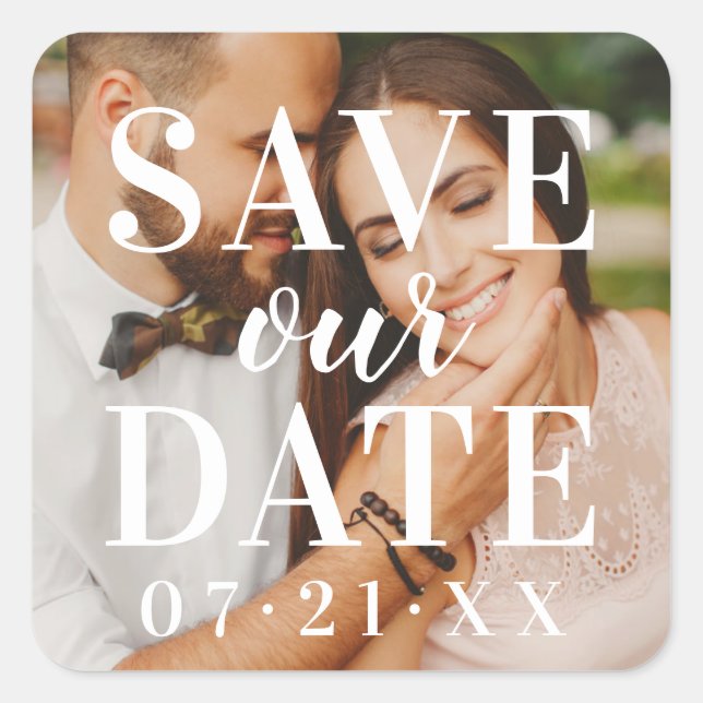 Retten unser Date White Overlay Wedding Foto Custo Quadratischer Aufkleber (Vorderseite)