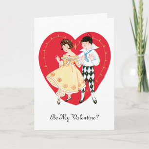 Retter Valentinstag, Vintage-Harlekin und Herz Feiertagskarte