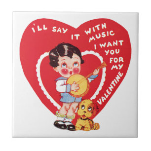 Retter Valentinstag, Vintage-Junge-Musik-Banjo Fliese