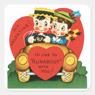 Retter Valentinstag, Vintage Junge und Mädchen im  Quadratischer Aufkleber