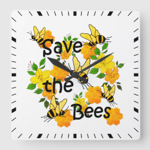 Rettet die Bienen, Honigwabe und gelbe Blumen  Quadratische Wanduhr