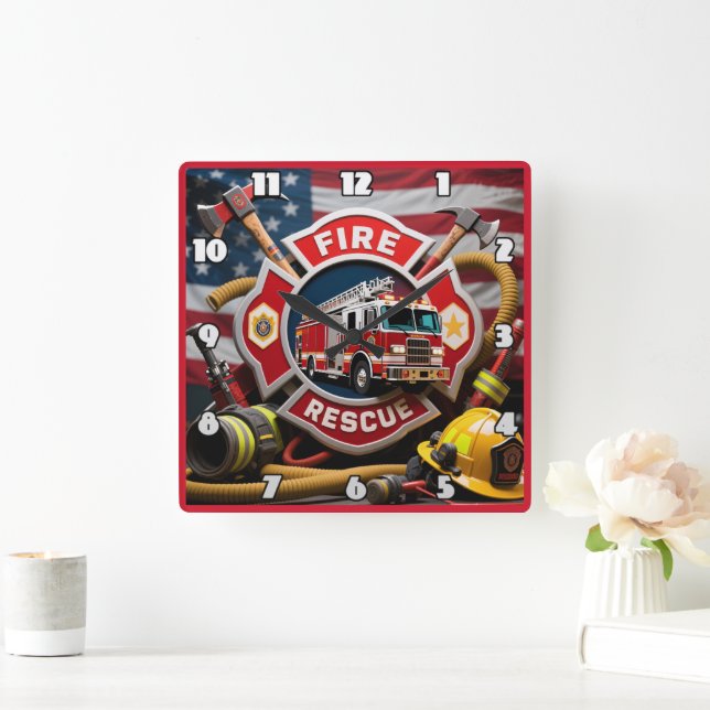 Rettungsausrüstung für Feuerwehrhelden Quadratische Wanduhr (Zuhause)