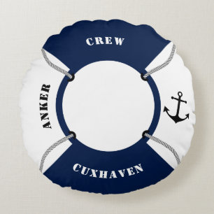 Rettungsring Blau und Weiß - Nautisch Maritim Rundes Kissen