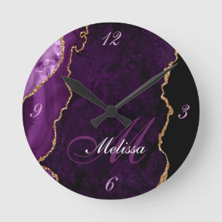 Retuschieruhr aus Gold und lila agate Monogramm Runde Wanduhr