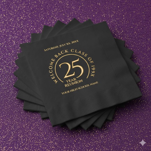 Réunion de 25 ans de l'école, du collège et de l'u (Elegant 25-Year Class Reunion Foil-Stamped Napkins Cover Photo)