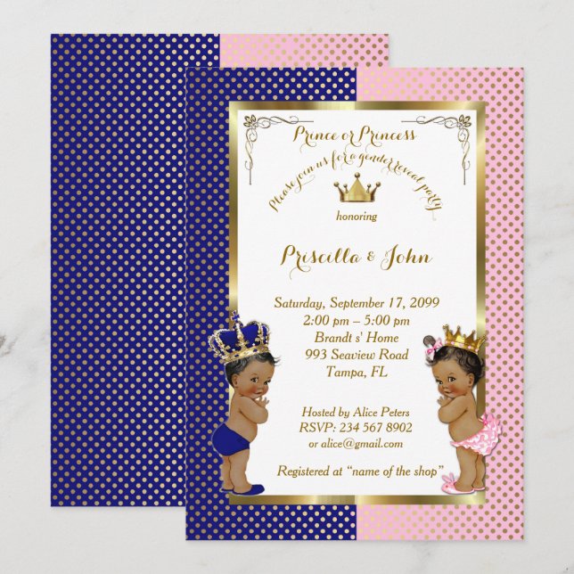 Reveal Baby Shower, blau, rosa, gold Einladung (Vorne/Hinten)