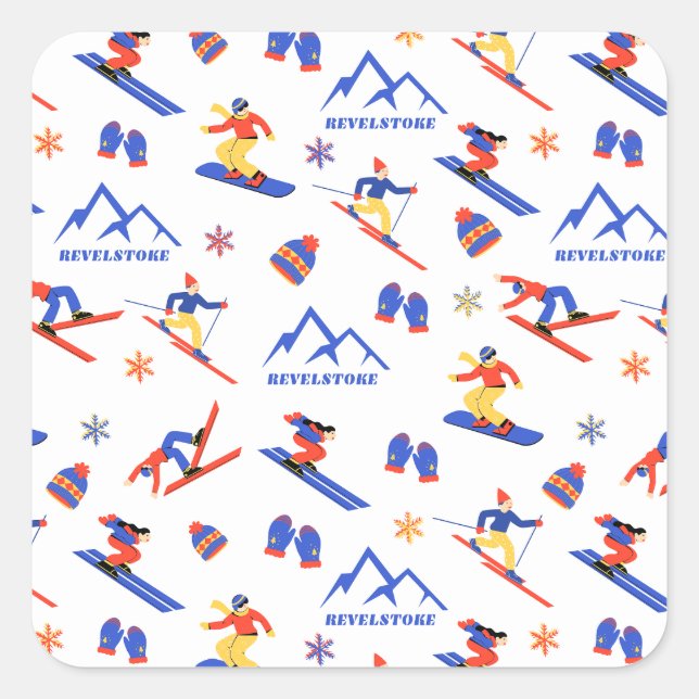 Revelstown Sun Peaks Kanada Ski Snowboard Muster Quadratischer Aufkleber (Vorderseite)