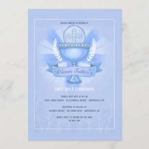 Revered Chalice First Heilige Kommunion Blau Einladung