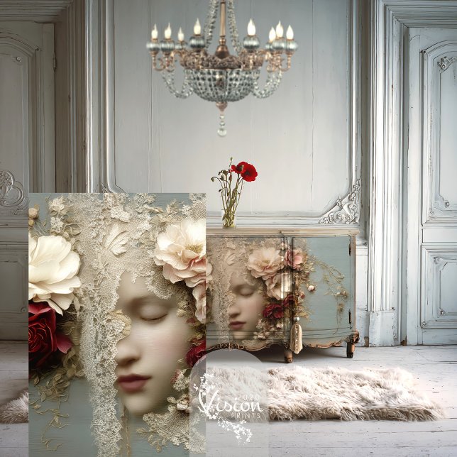 REVERIE IN BLOOM Abstract Portrait & Lace Seidenpapier (Poster Mock up of a woman's face. Eyes closed, immersed in lace & flowers, in French chandelier room)
