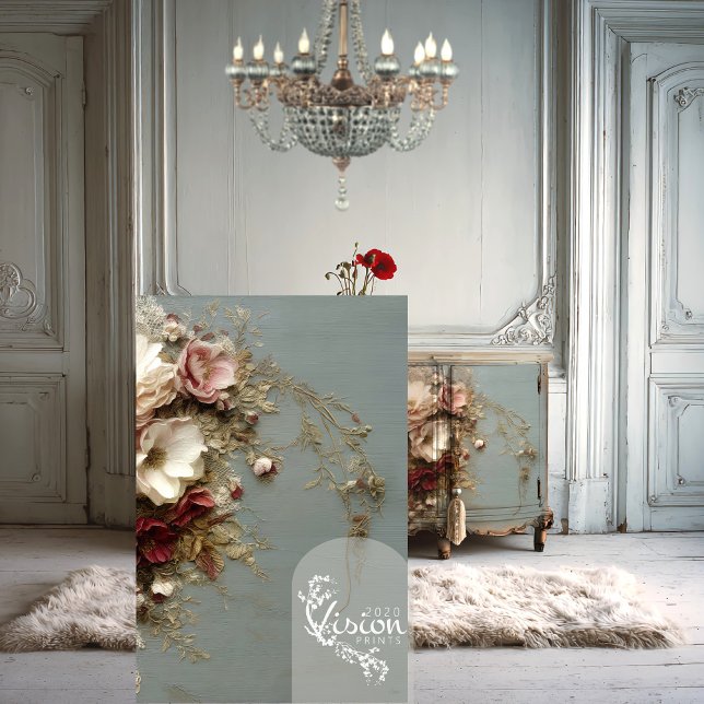 REVERIE IN BLOOM III Lace & Botanical Seidenpapier (Light grey blue Heritage room, chandelier and close up of a botanical mock up poster )