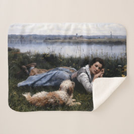 Reverie (Mädchen, die mit ihrem Hund auf der Gras  Sherpadecke