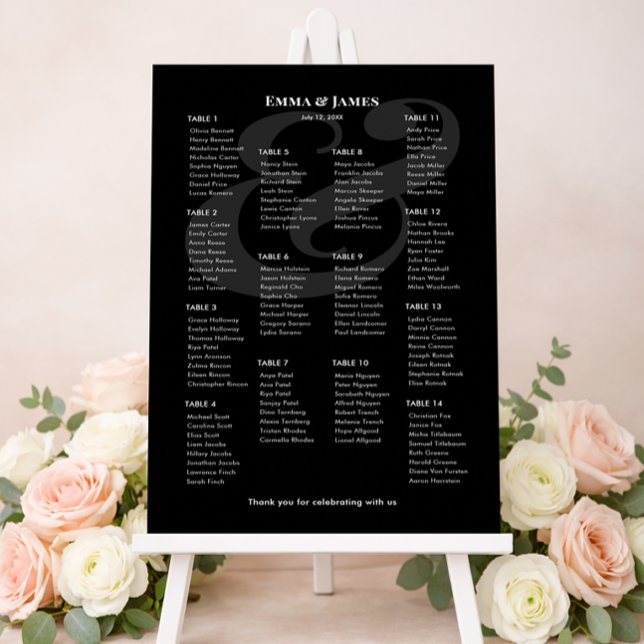 REVERSE Black Und-Wedding | 14 Sitzplan Poster (Minimalist black wedding seating chart for 14 with white text and modern ampersand layout.)